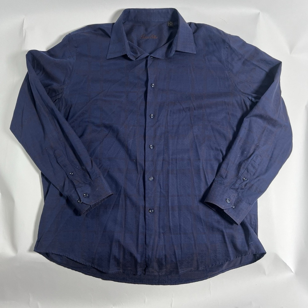 Tasso Elba Mens Dress Shirt Blue Geometric 100% Cotton Long Sleeve XL